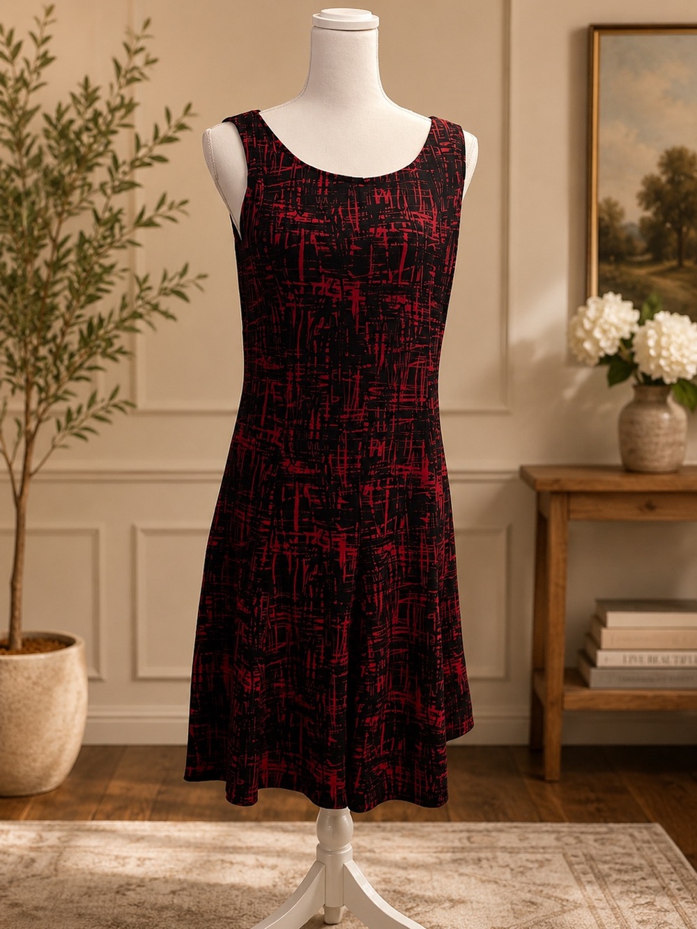 Perceptions New York Red Black Abstract Print Sleeveless Dress Size 12